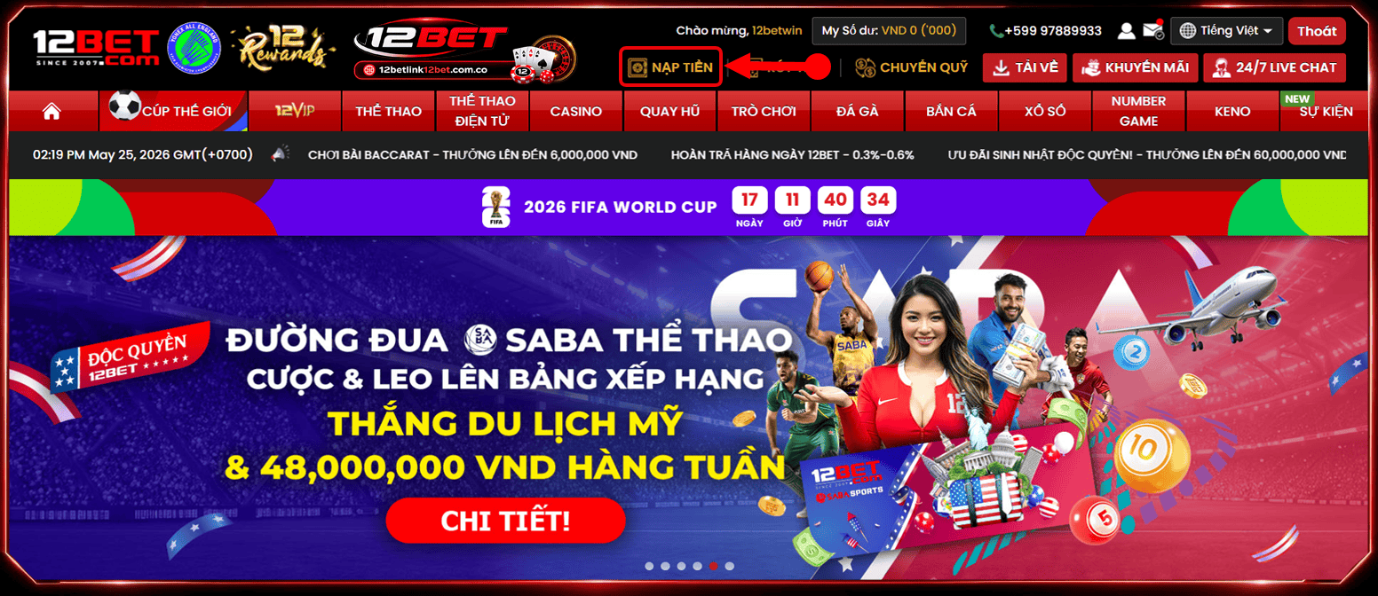 Bước 1: Đăng nhập tài khoản 12BET